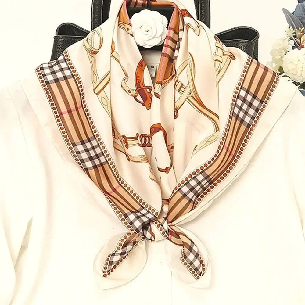 Mulberry Silky Neck Scarf Classic Chain Plaid Print Versatile Scarf
